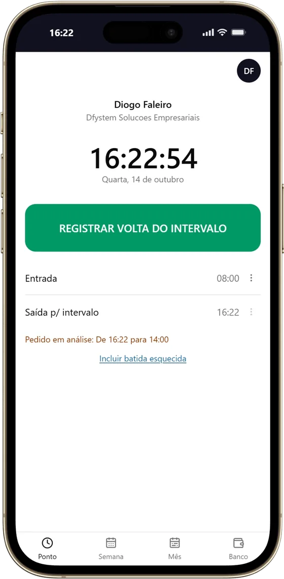 Tela do funcionário no celular com o botão Registrar volta do intervalo